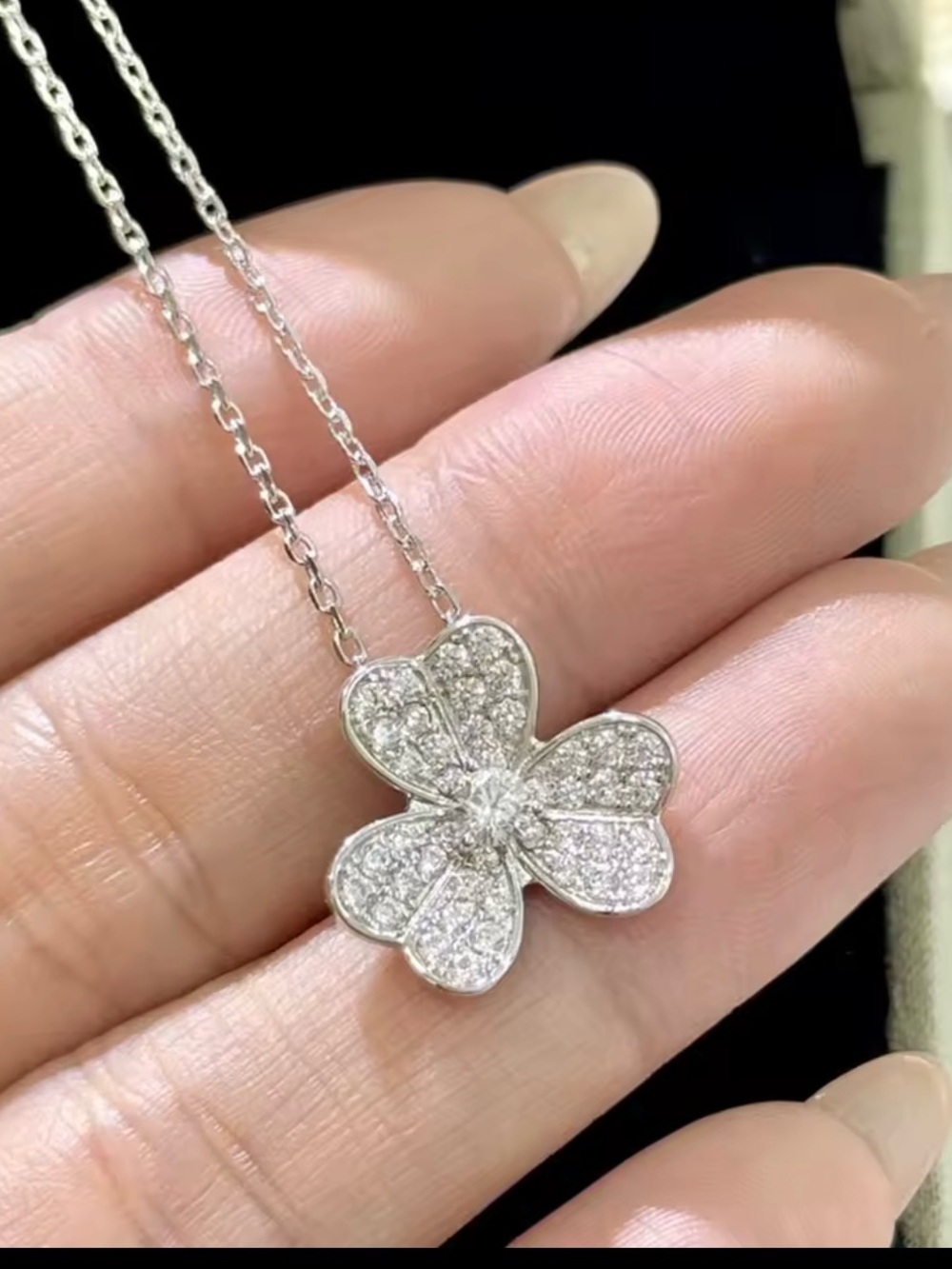 Silver Flower Three Clover Flowers Pendant Necklace Zirconia